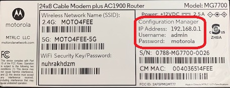 Motorola Modem MG7700 default IP Address and Password