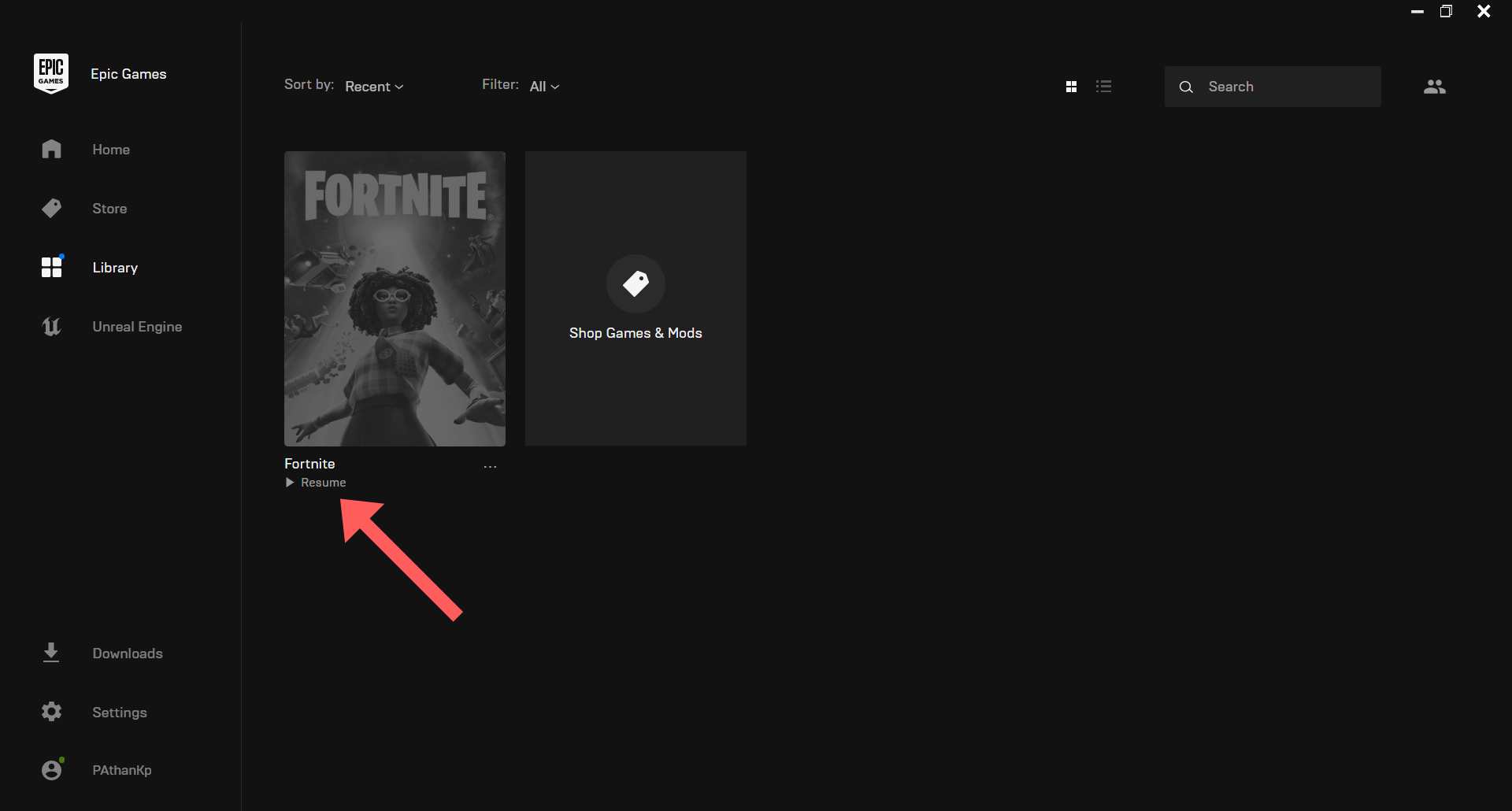 Click Resume button under Fortnite thumbnail