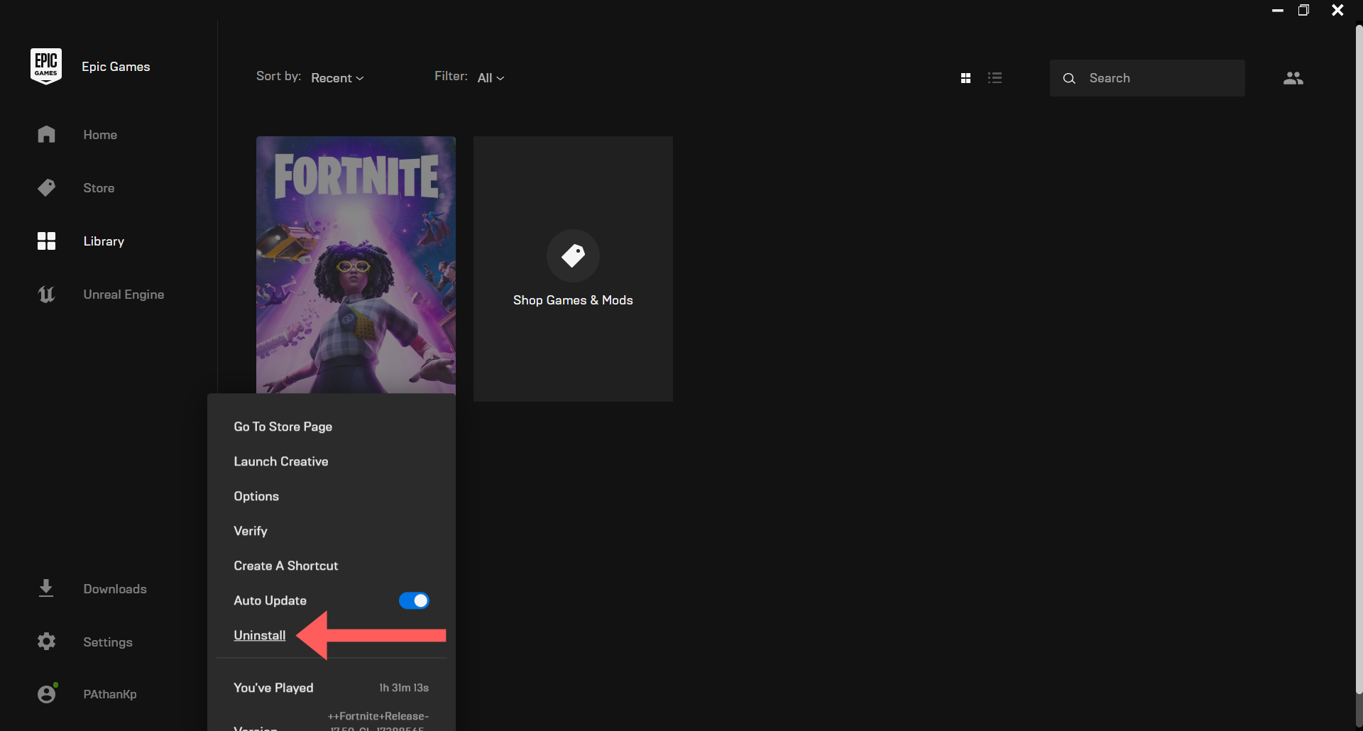 Click Uninstall on Fortnite Menu