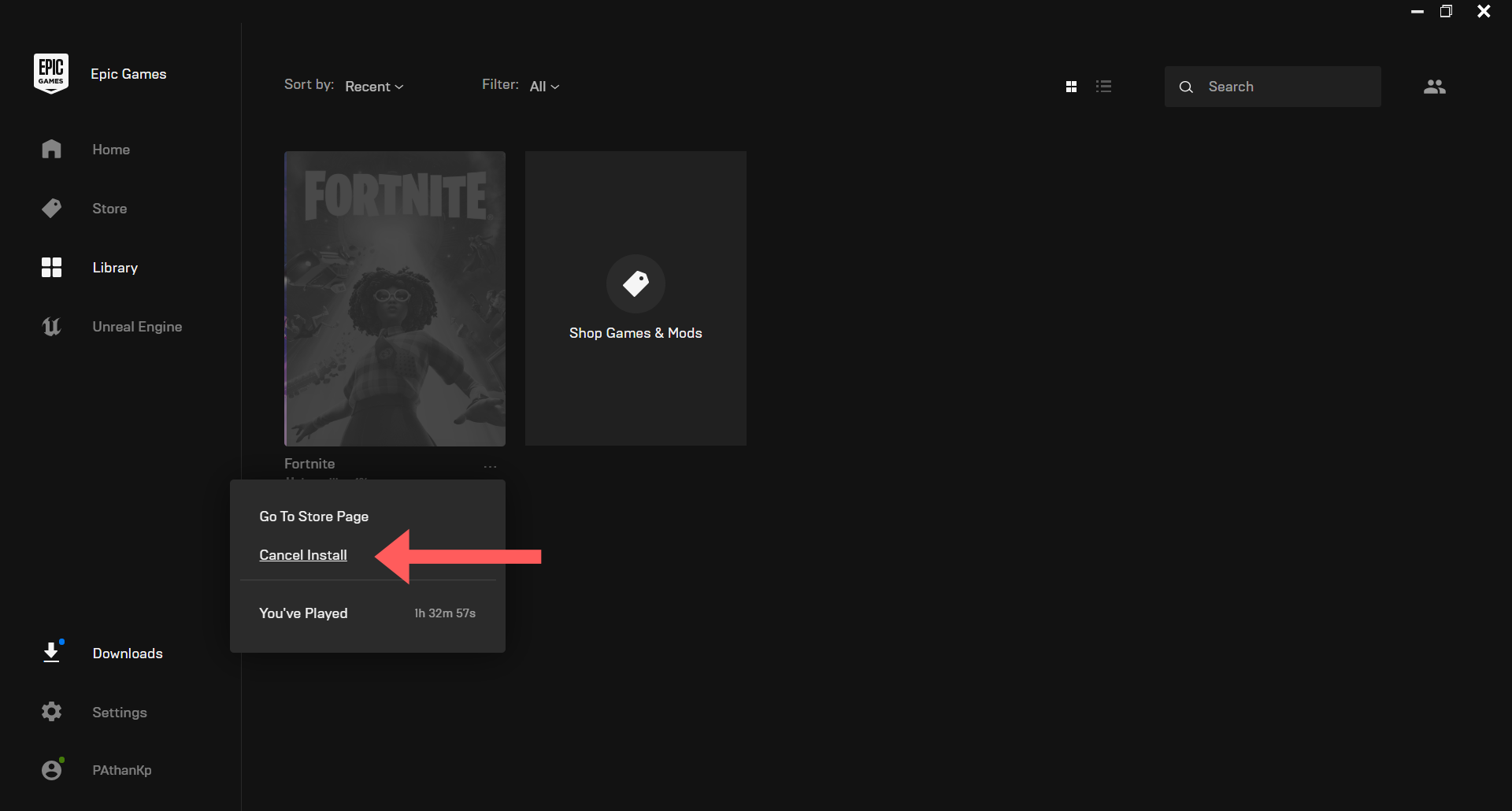 Select Cancel Install under Fortnite