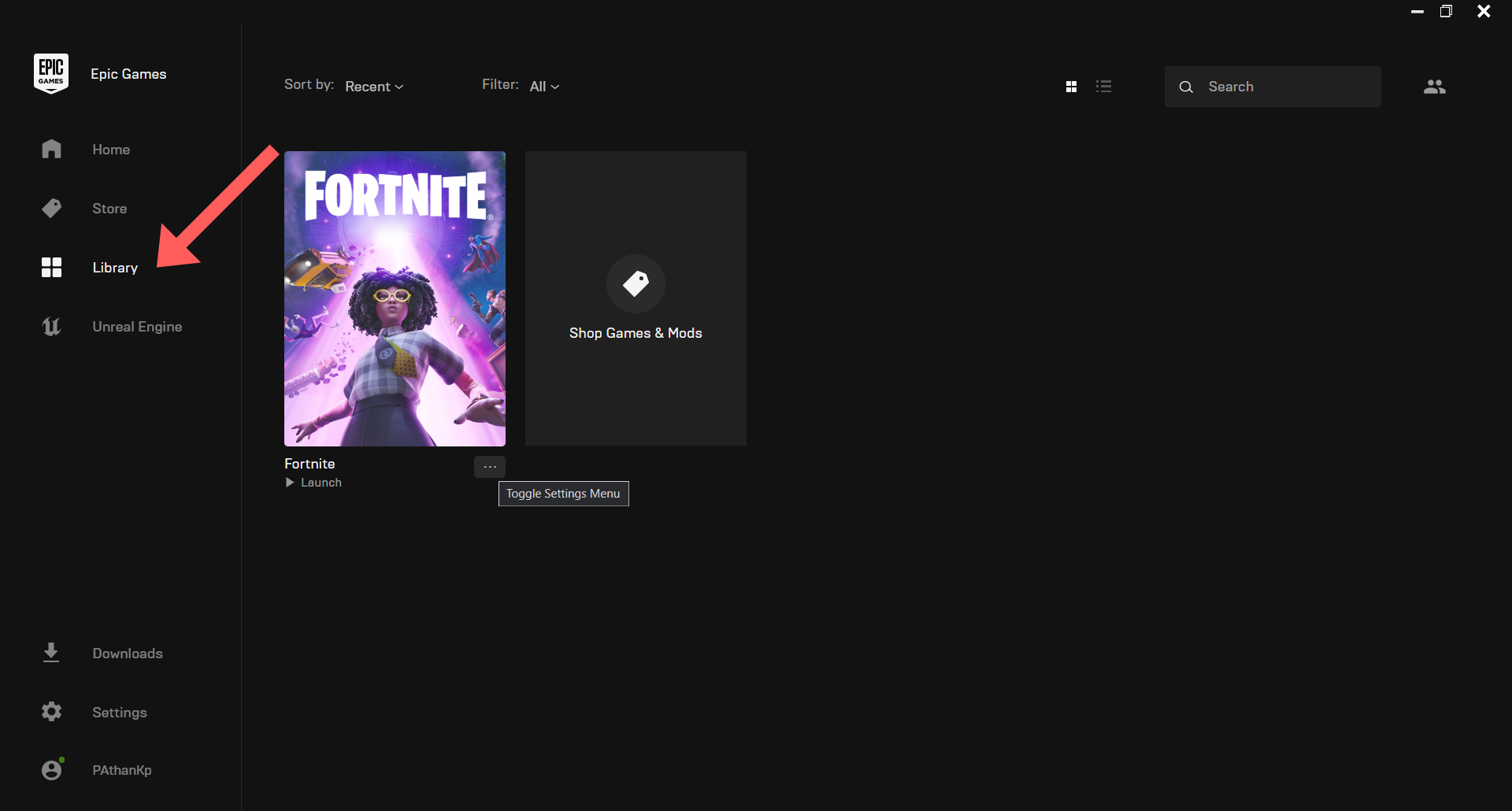 Select Library on Epic Games Launcher